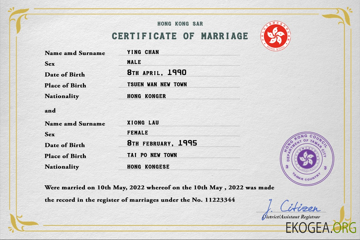 Modèle PSD de certificat de mariage de Hong Kong